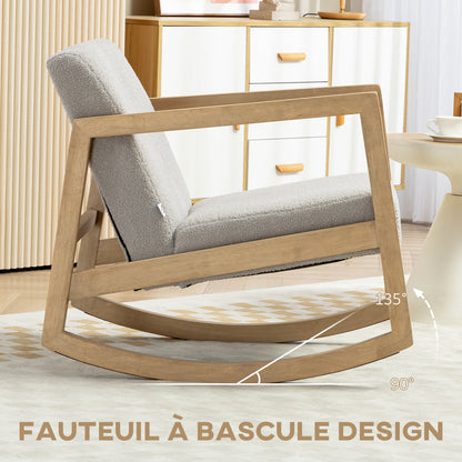 Schommelstoel – Relaxstoel – Fauteuil – Loungestoel – Schommelstoel Babykamer – Bouclé Wollook – Massief Hevea Houten Frame – 60x81x71 cm