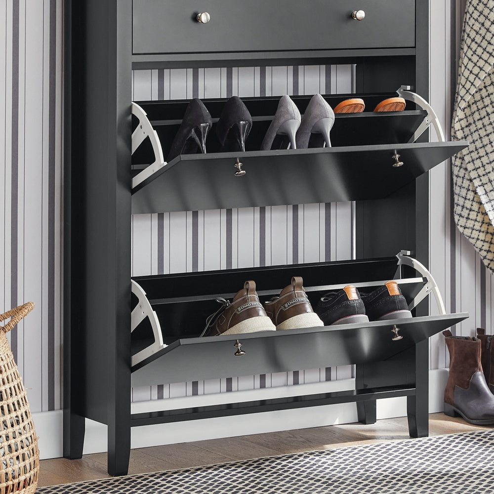 Schoenenkast – Schoenenrek – Schoenenkast – Schoenopberger – Schoenentoren – 2 Kleppen – Ingebouwde Lade – MDF – Slank Ontwerp 80x108x25 cm – Vloerbeschermers – Stijlvolle Metalen Handgrepen
