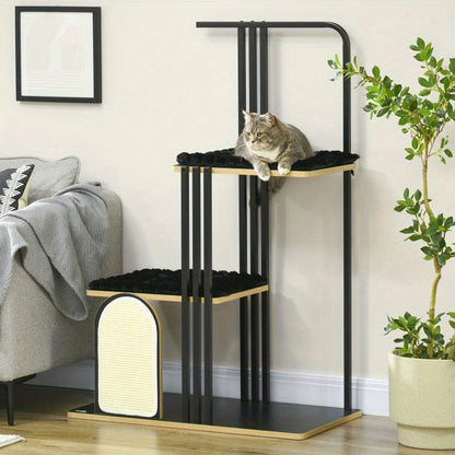 Krabpaal – Kattenboom – Kattenmeubel – Krabmeubel – Kattenhuis – Zwart Staal – 128 cm Hoog – Pluche Kussen – Dubbele Platformen – Inclusief Hangend Speeltje