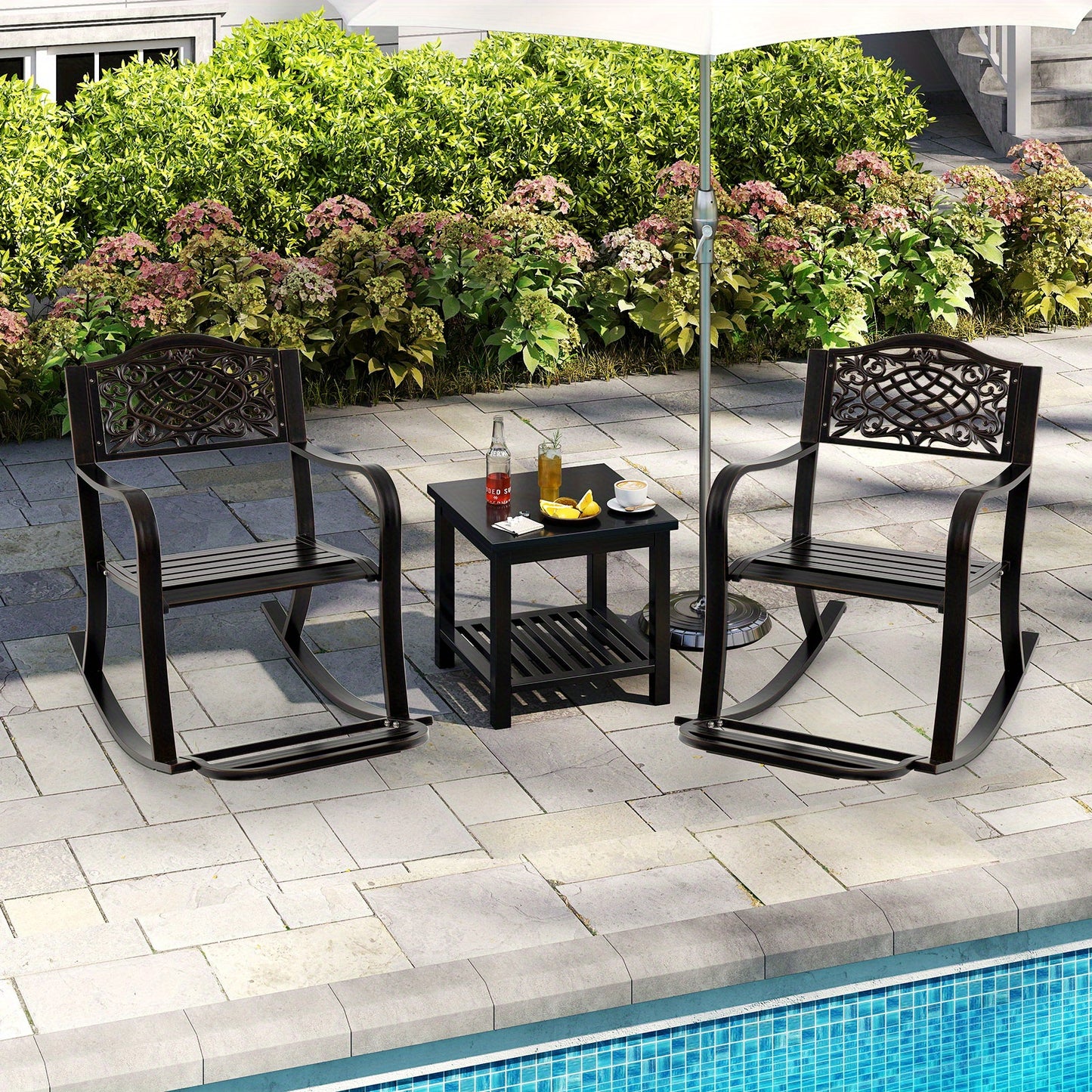 Schommelstoel – Relaxstoel – Fauteuil – Tuinstoel – Loungestoel – Gepoedercoat Aluminium – Antislip Voetjes – Voetensteun – Bloemmotief – Zithoogte 42 cm – Max. 150 kg draagkracht
