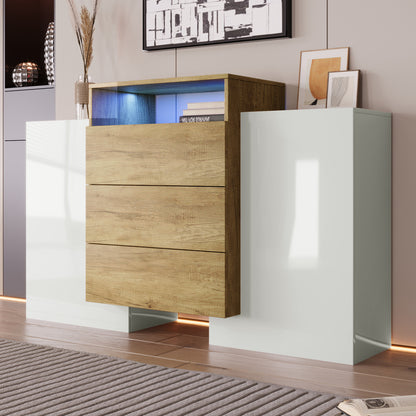 Dressoir – Sideboard – Opbergkast – Ladekast – Buffetkast – Hoogglans Wit Met Houten Accent – Compact 140 cm Hoog