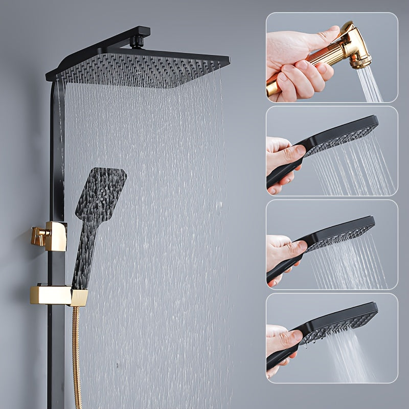 Doucheset – Douche Systeem – Regendouche – Handdouche – Baduitloop – Zwart – Vierfuncties Thermostaatkraan – Digitaal Temperatuur Display
