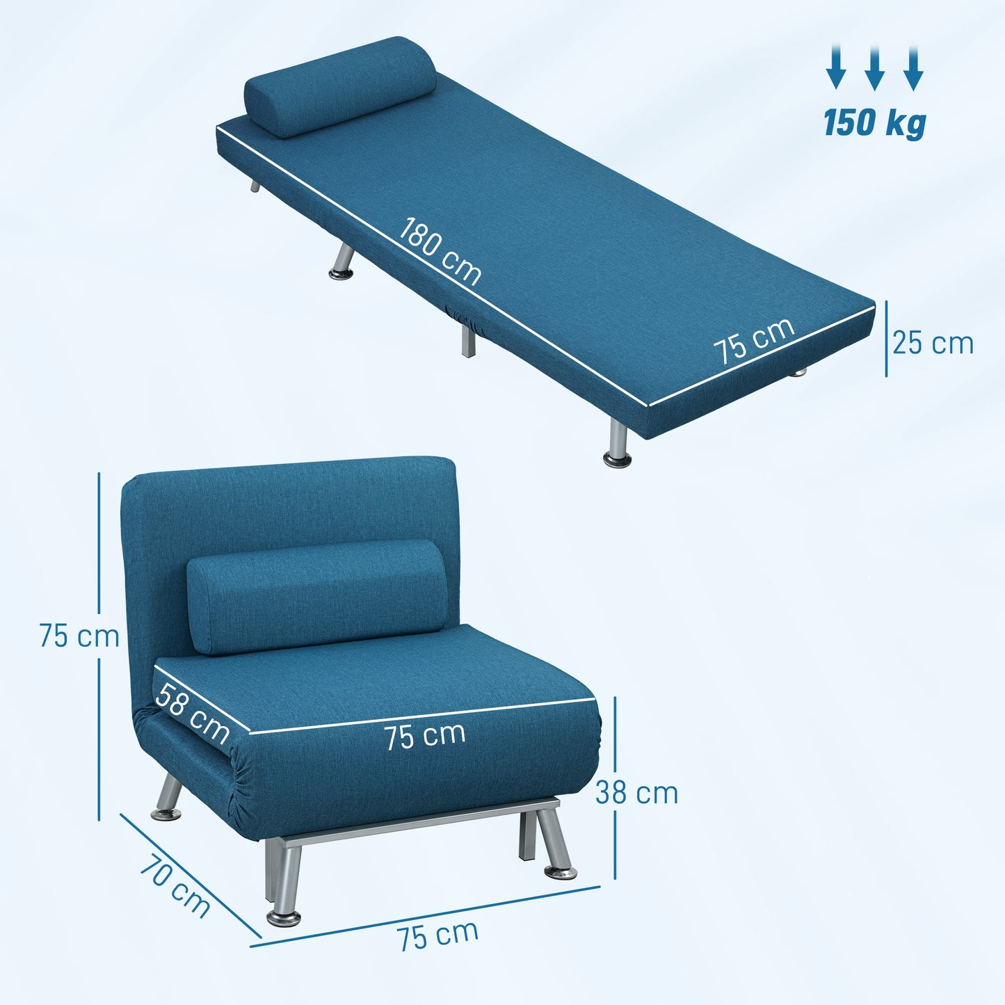 Stoelbed – Relaxstoel – Slaapstoel – Slaapfauteuil – Zitbank – Inklapbaar – Verstelbare Rugleuning – Linnen Look Blauw – 75x70x75 cm