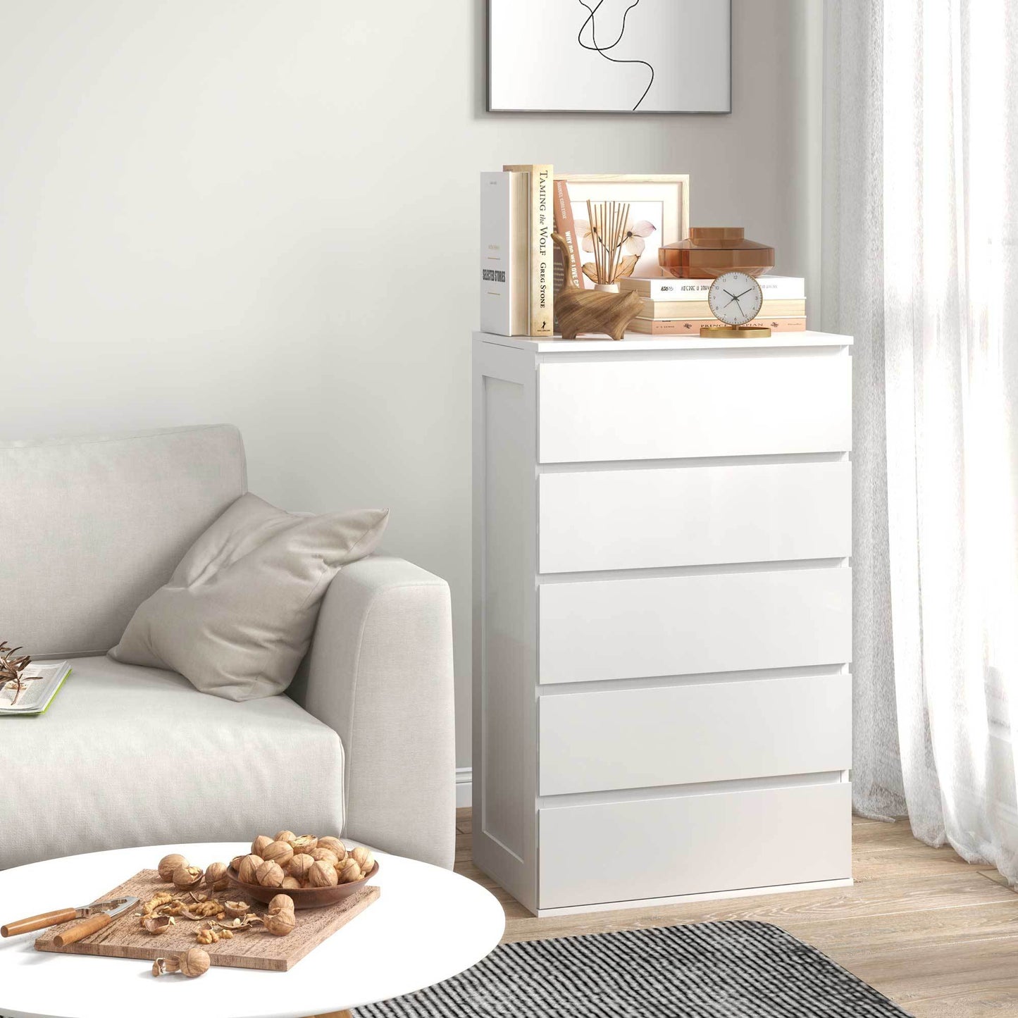 Ladekast – Commode – Ladenkast – Opbergkast – Kast Zonder Handgrepen – Modern Design – 5 Laden – Wit – 60x38x100 cm – Anti-Kantel Systeem