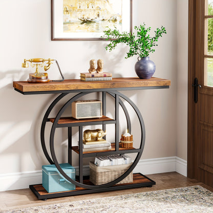 Console Tafel – Sidetable – Opbergtafel – Haltafel – Bijzettafel – Smal 105 cm – Ronde 4 Lagen – Natuurlijke Houtlook – Duurzaam MDF