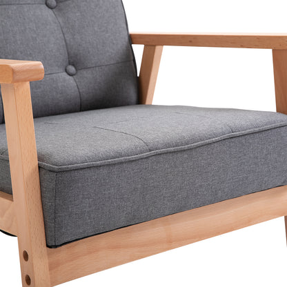 Loungestoel – Fauteuil – Zetel – Relaxstoel – Armstoel – Massief Beukenhouten Frame – Comfortabele Grijze Linnen Bekleding – 64,5x70x74 cm