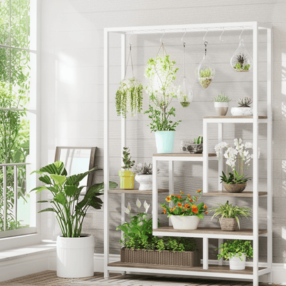 5-Tier Plantenrek – Bloementafel – Plantenstandaard – Bloemendisplay – Plantenhouder – 180 cm Hoog – Metalen Opbergrek – Versteldbaar – Wit-Beige