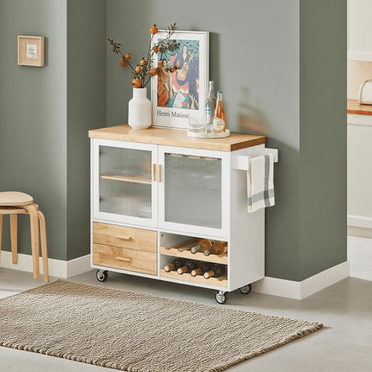 Mobile Kitchen Cart with Wooden Worktop - Central Island Kitchen Furniture for Dining Room, Green and Natural Storage Kitchen Cabinet, 109 × 40 × 92 cm, FKW114-GR, SoBuy