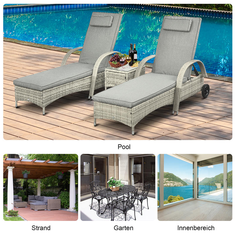 Sonnenliege Gartenliege Tisch 3Er-Set Gartenmöbel, Polyrattan+Metall Grau