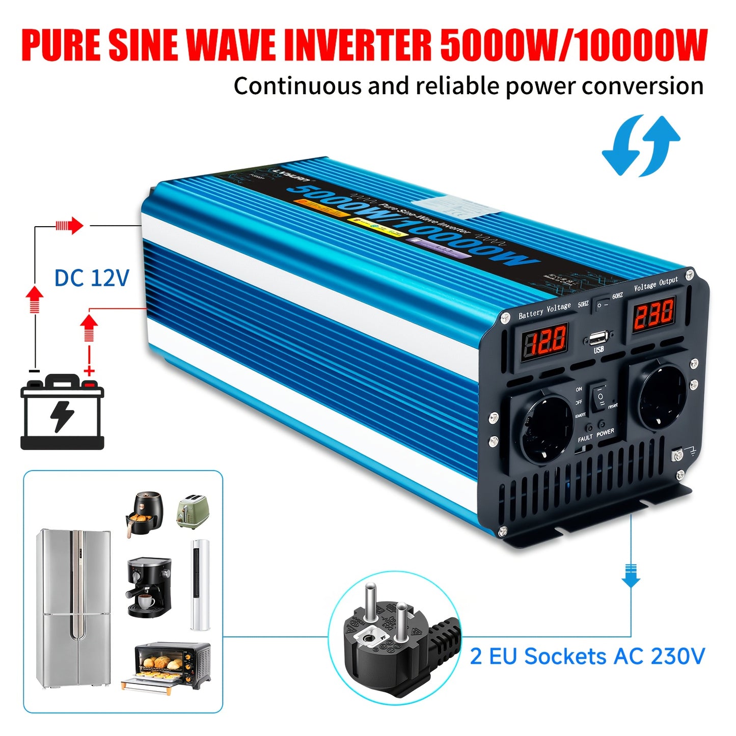 Power Inverter 5000W – Omvormer – Spanningsomvormer – DC naar AC Converter – Zuivere Sinus Inverter 12V – 4 AC Uitgangen & USB – LED Display – 10000W Piekvermogen
