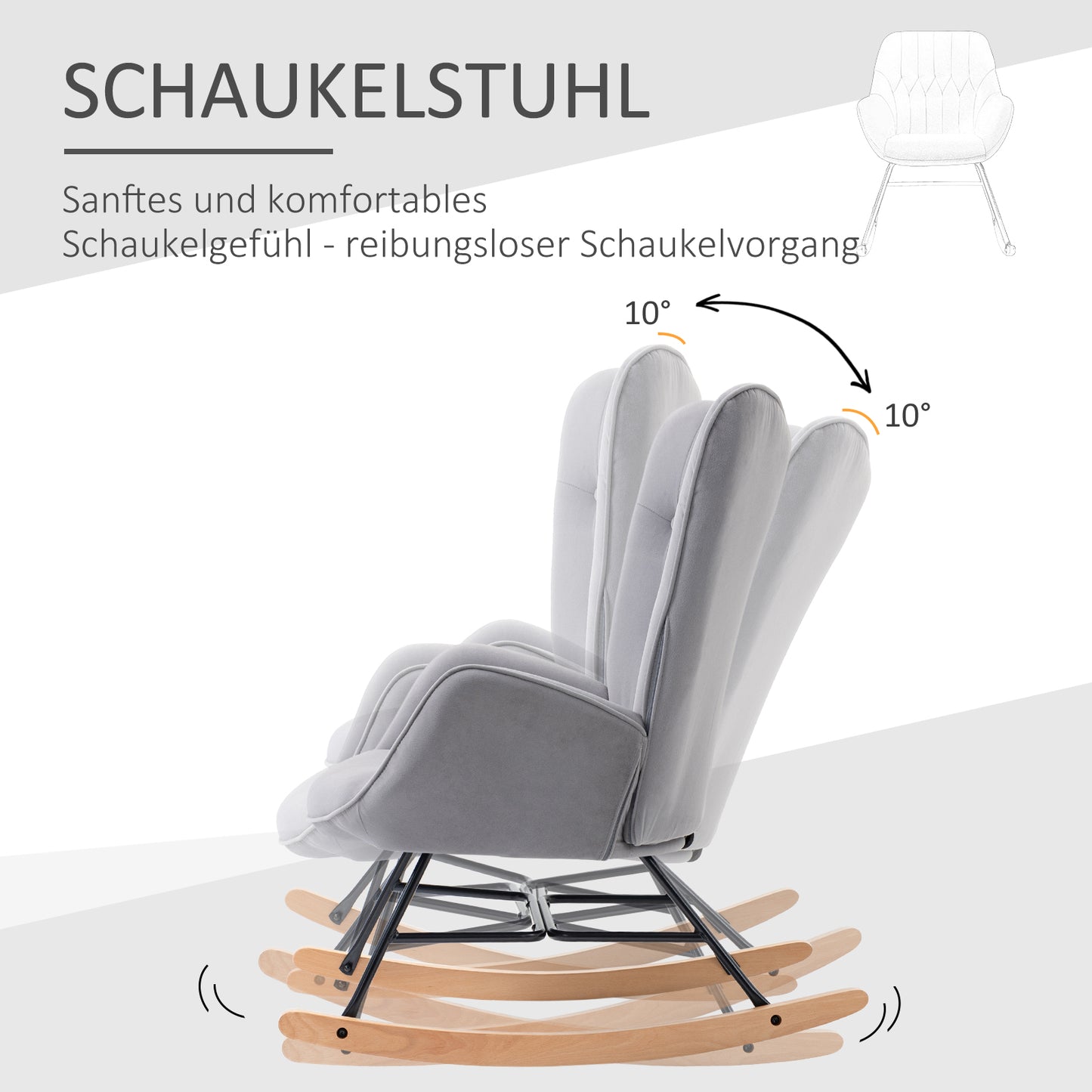 Schommelstoel – Relaxstoel – Schommelstoel Met Bekleding – Lounge Stoel – Rocking Chair – Velvet Bekleding – Houten Schommelbasis – Ergonomisch Design – Draagvermogen 150 Kg – Lichtgrijs