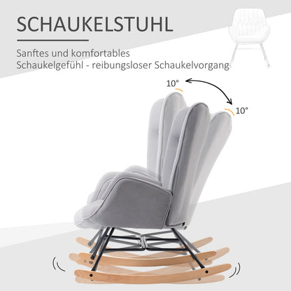 Schommelstoel – Relaxstoel – Rocking Chair – Schommelstoel Velvet – Stoel Lichtgrijs – Velvetlook Quilting – Houten Sledes – Draaggewicht 150 kg