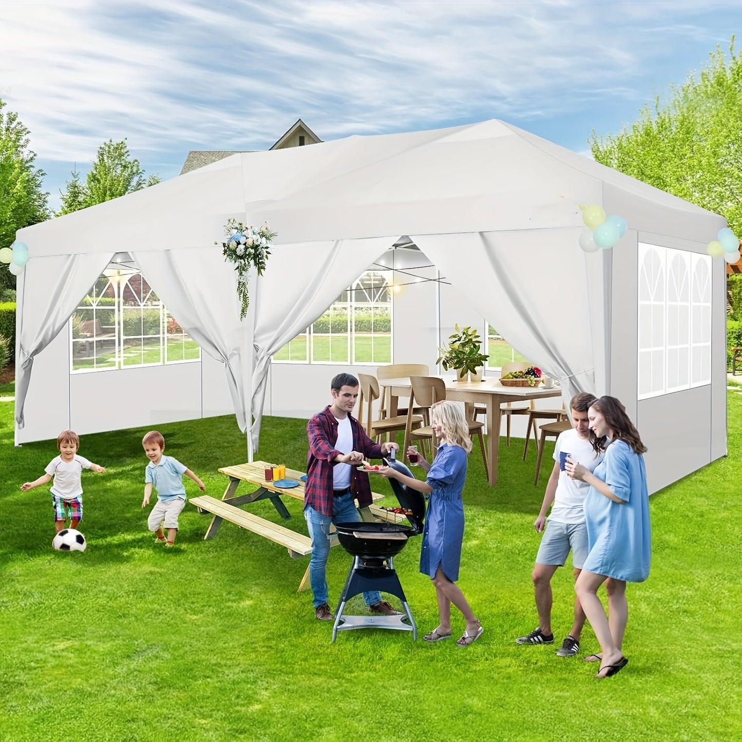 Partytent – Paviljoen – Pop-up Tent – Tuintent – Feesttent – 3x6 m – 6 Zijwanden – UV Bescherming – Verstelbare Hoogte