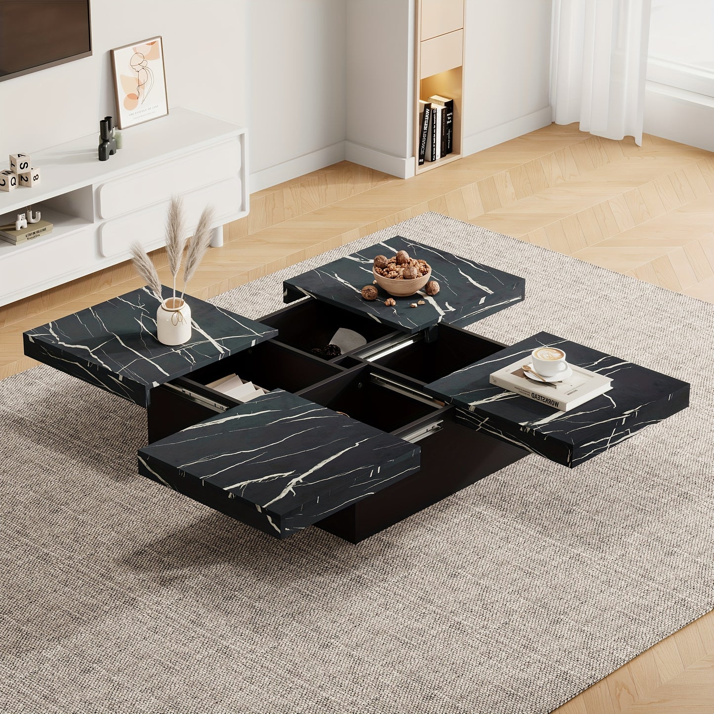 Salontafel – Koffietafel – Bijzettafel – Woonkamertafel – Tafel – Zwart – Marmerlook – Vier Lades – Schuifbaar Tafelblad – Max Belastbaar 30 kg