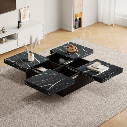 Salontafel – Koffietafel – Bijzettafel – Woonkamertafel – Tafel – Zwart – Marmerlook – Vier Lades – Schuifbaar Tafelblad – Max Belastbaar 30 kg
