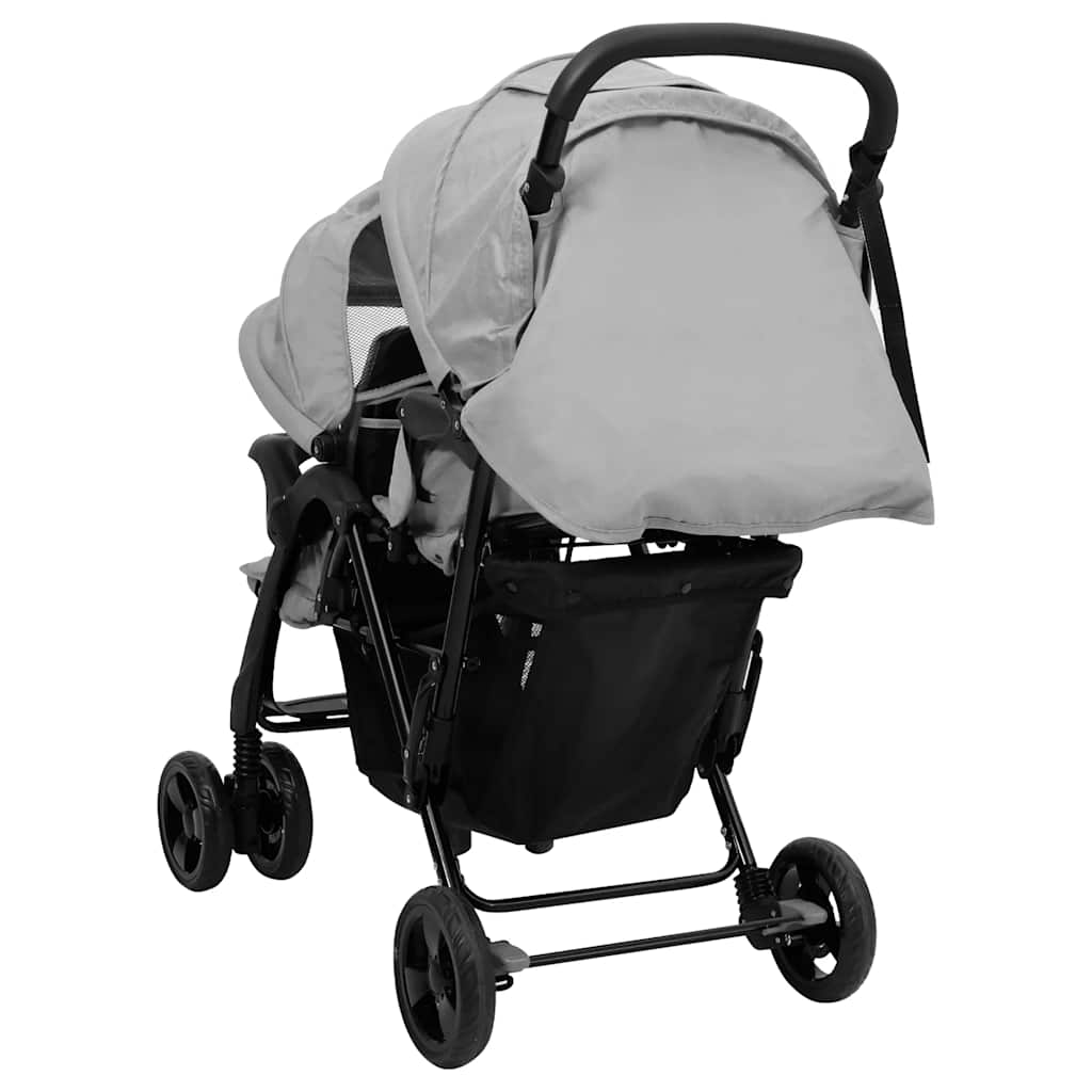 Tandem Buggy – Dubbele Kinderwagen – Tweelingwagen – Kinderwagen Voor Twee – Smalle Buggy – Lichtgrijs – Stalen Frame – Verstelbare Zonnekap