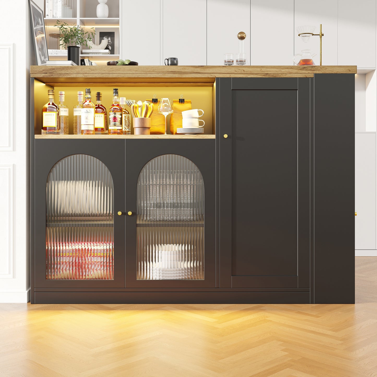 Buffetkast – Opbergkast – Keukenkast – Sideboard – Wijnkast – 360° Draaibaar Ontwerp – 198 x 39,6 x 97 cm – Glazen Deuren met Lades