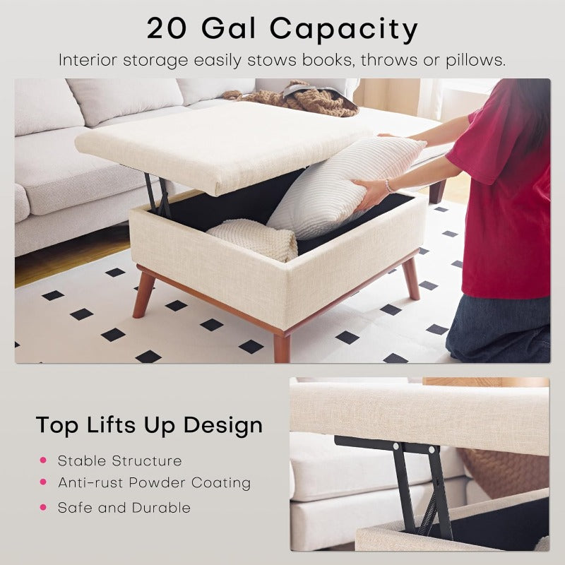 Opbergpoef – Opbergbox – Poef Met Opbergruimte – Voetenbank – Salontafel – Multifunctioneel Design – Verhoogd Hefbaar Deksel – Beige Linnen Bekleding