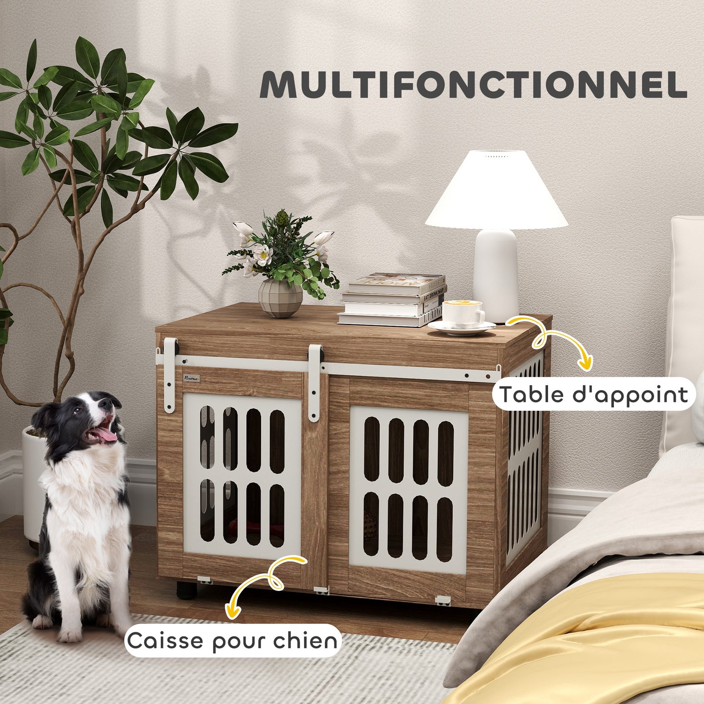 Hondenbench – Hondenkooi – Hondenhuisje – Bench – Dierenkooi – Medium Maat – Walnotenhout – Schuifdeur – Verstelbare Poten – Bijzettafel