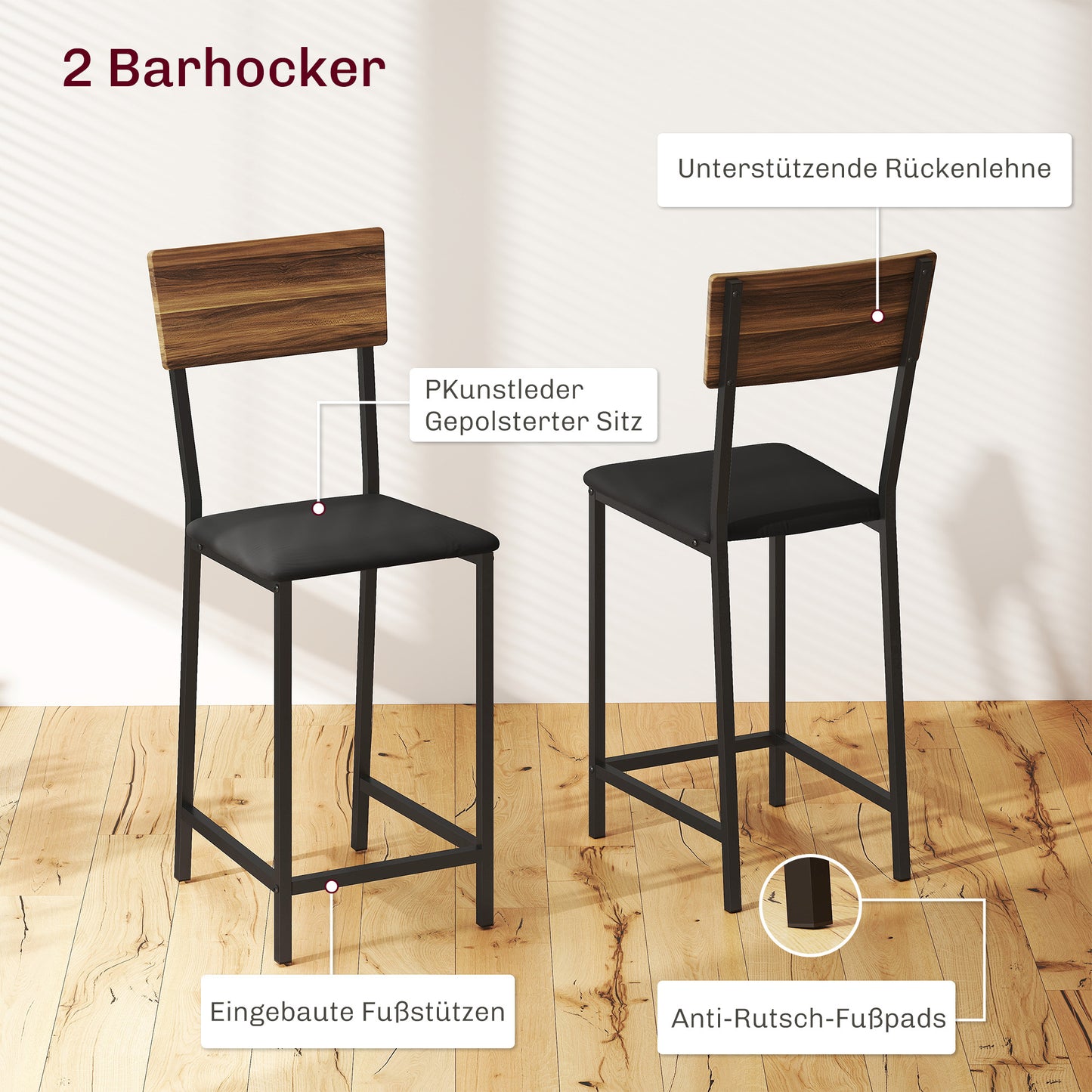 3-Delige Barset – Bar Tafel – Bistro Set – Terrasmeubilair – Huisbar – Bruin – Met Wijnrek en Glashouder – Comfortabele Stoelen met Voetsteunen