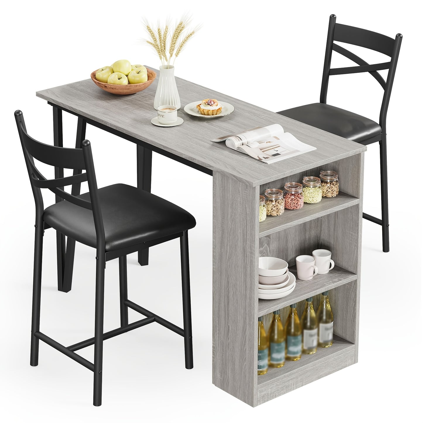 3-delige Bar Tafel Set – Bartafel Set – Barmeubel – Bistrotafel – Eettafel Compact – Opklapbaar Tafelblad – Met Opbergruimte – Grijs – Ruimtebesparend – Stevig Houten Ontwerp