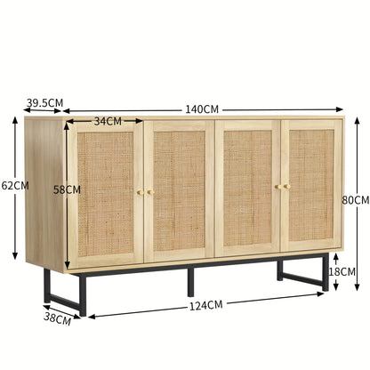 Dressoir – Dressoirs – Opbergkast – Ladekast – Wandkast – 140x39,5x80 cm – Echt Rotan En Hout – Ruime 4-Deurs Kast