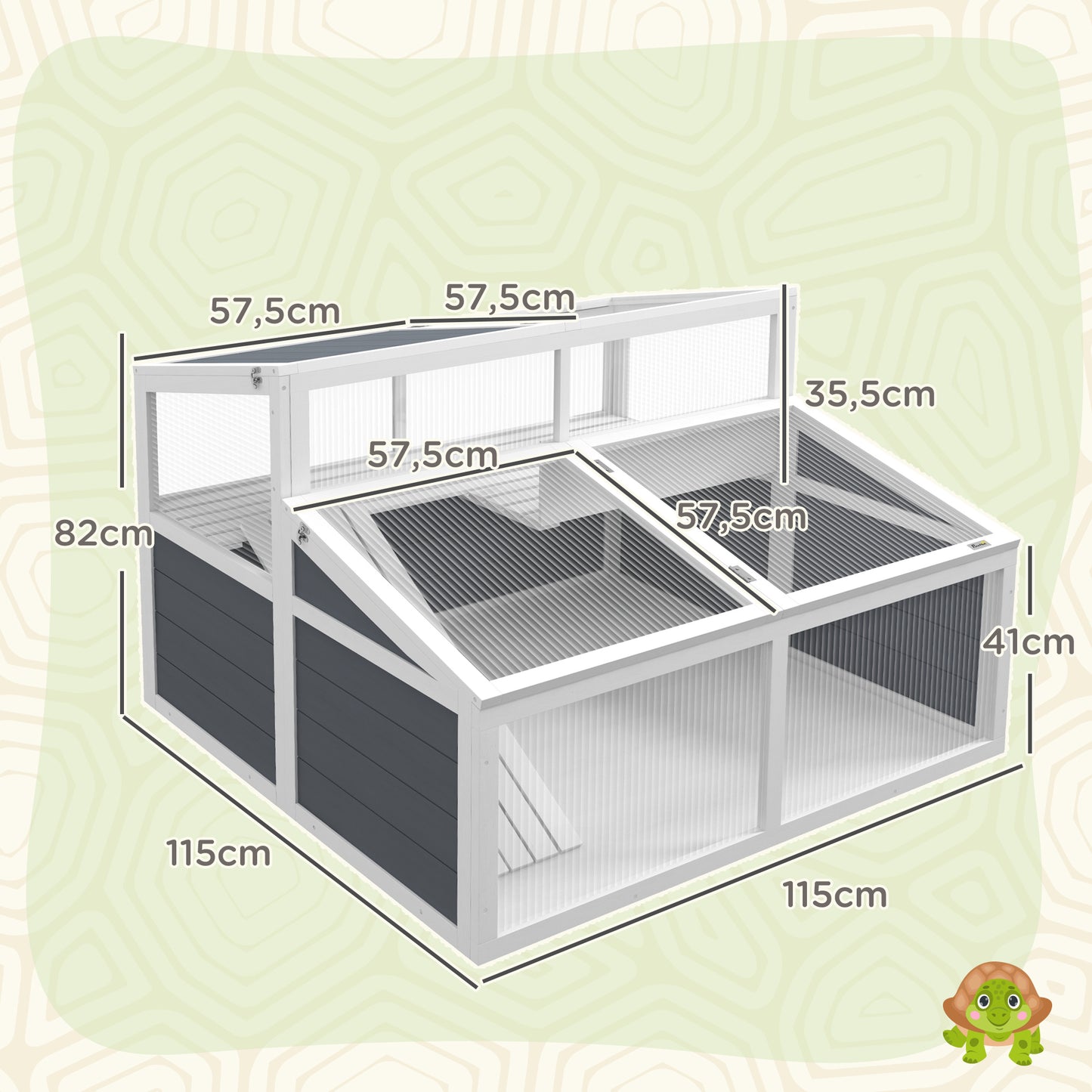 Turtle Huis – Schildpadden Verblijf – Terrarium – Buitenren – Houten Kweekverblijf – Dubbele Verdieping – 3 Deuren en Toegangsluis – 115x115x82 cm Grijs