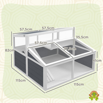 Turtle Huis – Schildpadden Verblijf – Terrarium – Buitenren – Houten Kweekverblijf – Dubbele Verdieping – 3 Deuren en Toegangsluis – 115x115x82 cm Grijs