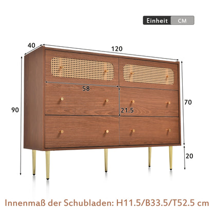 Six-drawer Chest Of Drawers Storage Cabinet with Six Drawers, Rattan Highboard for Bedroom And All Living Spaces, In Walnut, H90/W120/D40cm,  Multidrawer Cabinet, Modern Chest Of Drawers, Minimalist Furniture, Durable Storage