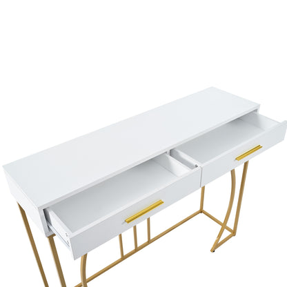 Modern White & Golden Console Table with 2 Drawers - Contemporary Metal Frame, 120x38x76cm, Elegant Side Table for Hallway or Living Room, Easy Assembly, No Power Needed, Living Room Furniture, Sleek Design, Sturdy Constructi