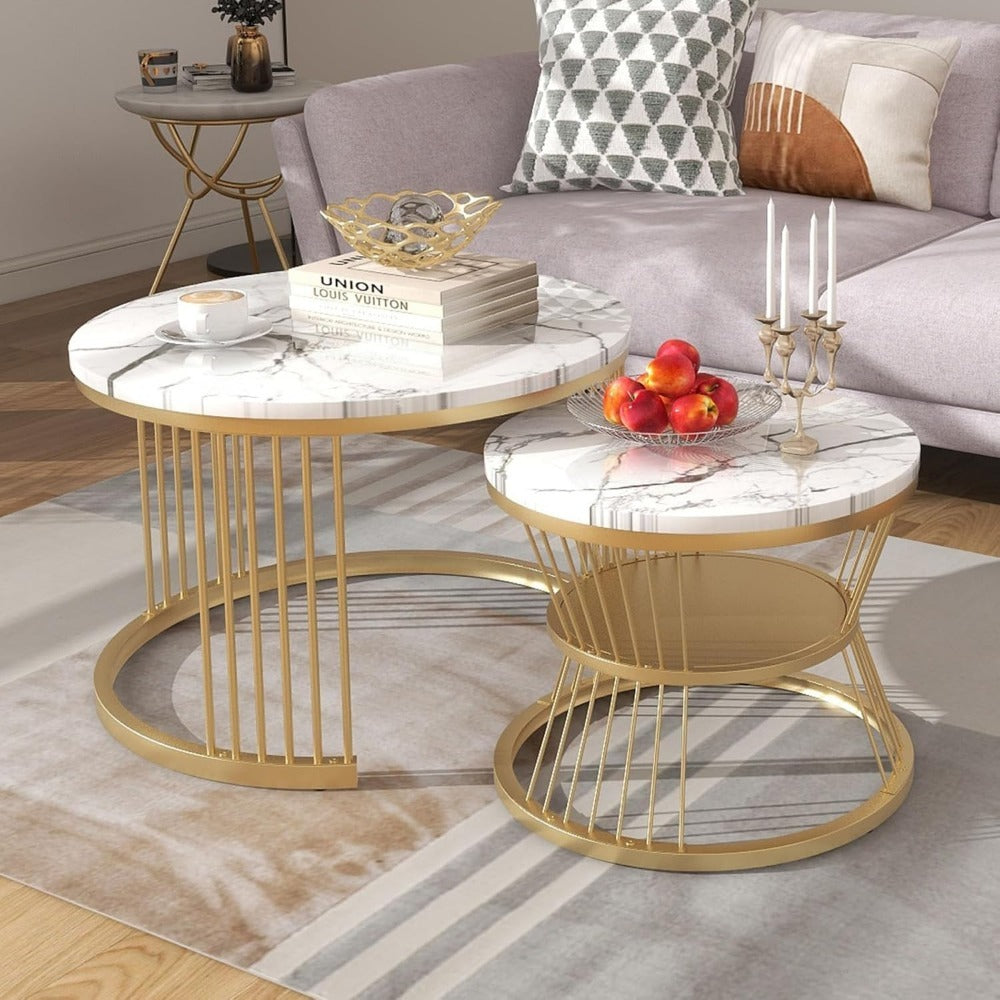 Set Van 2 Lage Tafels – Salontafel – Bijzettafel – Rond – Nesting – Witte Marmerlook – Metaal Frame – Verstelbare Pootjes – Ruimtebesparend Design