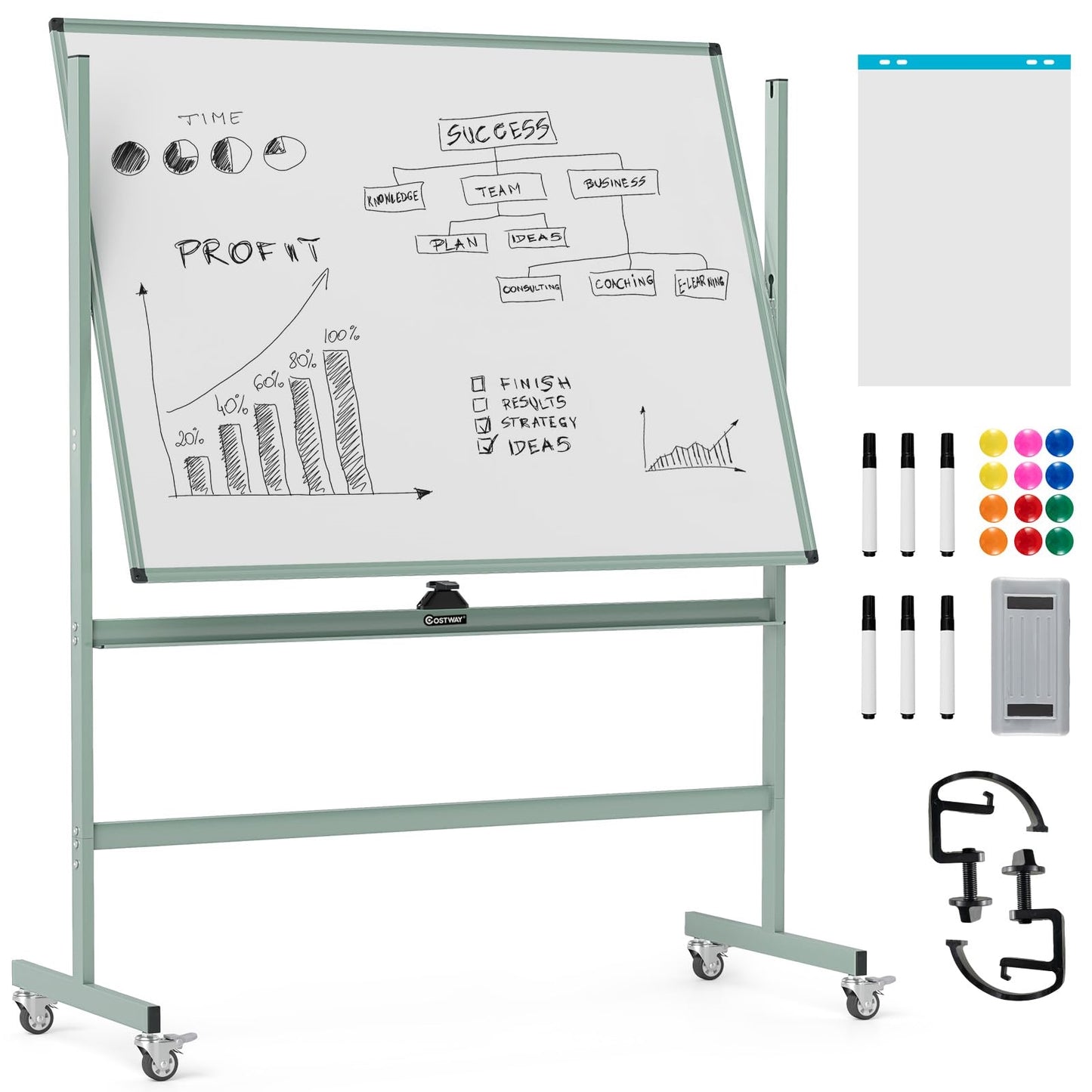 Dubbelzijdig Mobiel Whiteboard – Magnetisch Bord – Schrijfbord – Flipover – Rolwagen – Hoogte Verstelbaar – Inclusief Accessoires – 120 x 90 cm