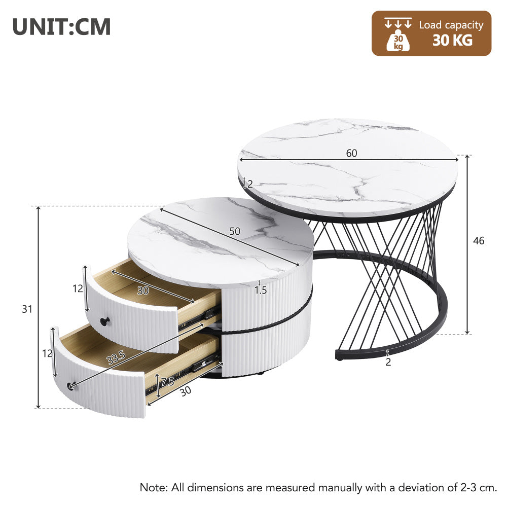 Salontafel Set – Koffietafel Set – Bijzettafel Set – Nestbare Tafels – Ronde Salontafels – Hoogglans Marmerlook – 2 Drawers – 60x60 & 50x50 cm - Wit