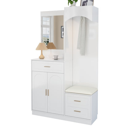 Gangkast – Halmeubel – Garderobekast – Opbergkast – Schoenenkast – Modern Design – Compact Met Spiegel – Witte Kast Met Gouden Accenten