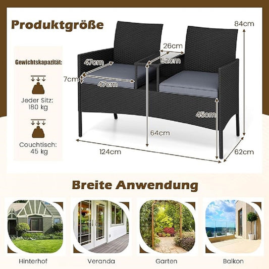 Tuinset Klein – Loungeset – Balkonset – Bistroset – Balkonmeubel – Geïntegreerde Tafel – PE Rattan & Tempered Glas