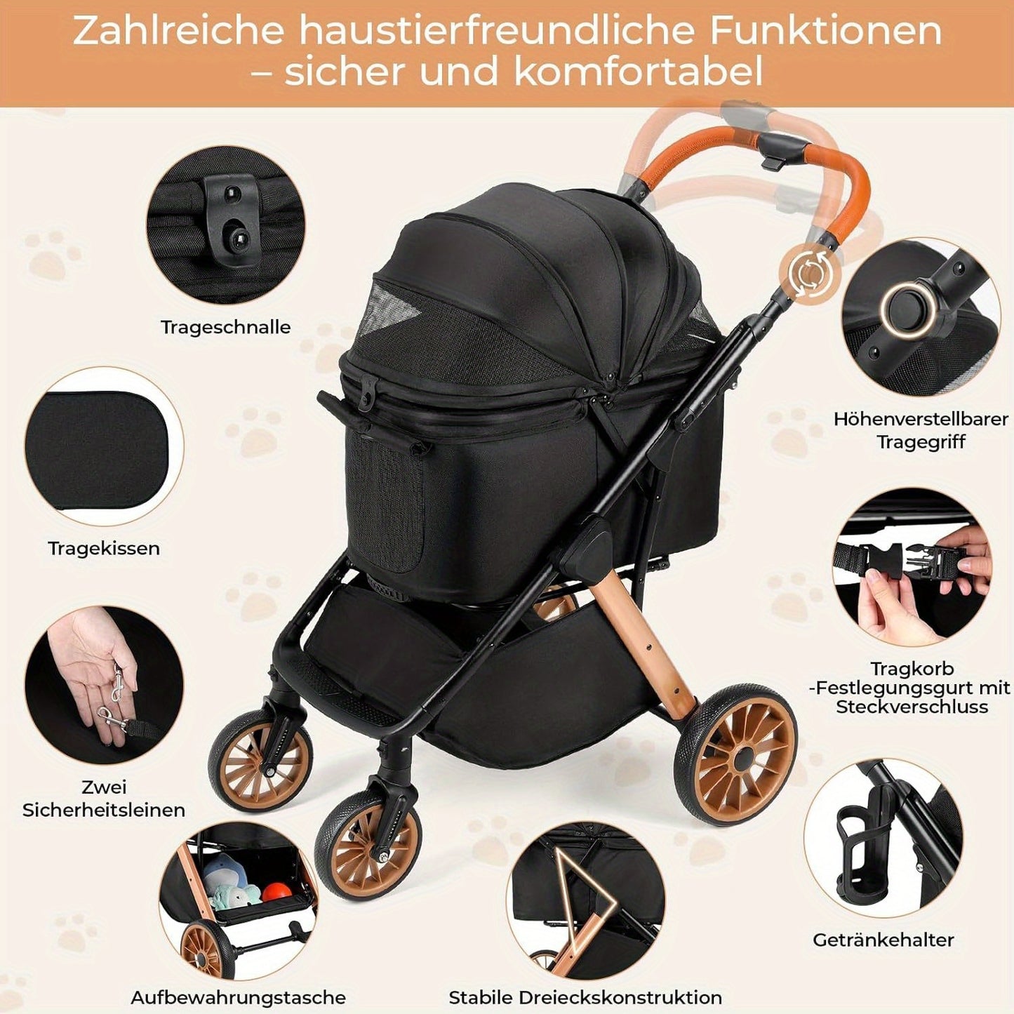 Hondenbuggy – Dierenwagen – Huisdierenwagen – Wandelwagen – Hondenkar – Opvouwbaar – Verstelbare Duwstang – Schokdempers – Aluminium & Carbonstaal – Draagvermogen 24,95 kg