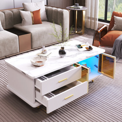 Salontafel – Koffietafel – Bijzettafel – Lounge Tafel – Woonkamertafel – Marmerprint Tafelblad – Gouden Accenten – Opberglades met Golvend Patroon – Getemperd Glas – Hoogwaardig Spaanplaat