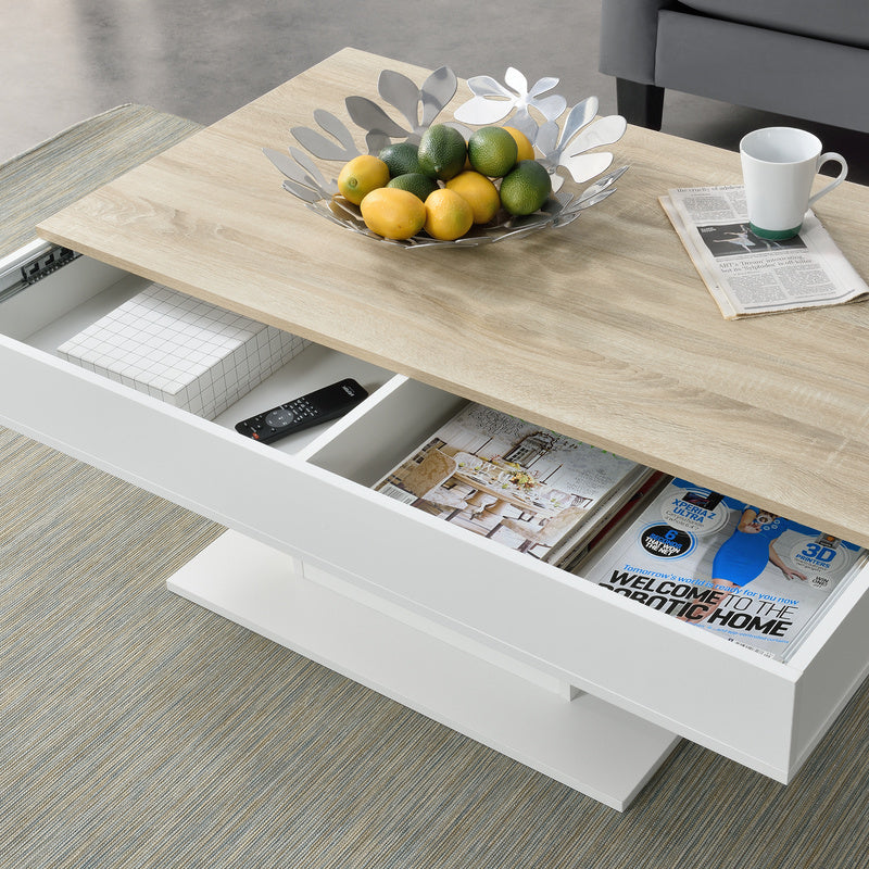 Salontafel – Woonkamertafel – Koffietafel – Bijzettafel – Tafel – Met 2 Opbergvakken – Eikenhout Look – Wit Frame – 110x60x40 cm