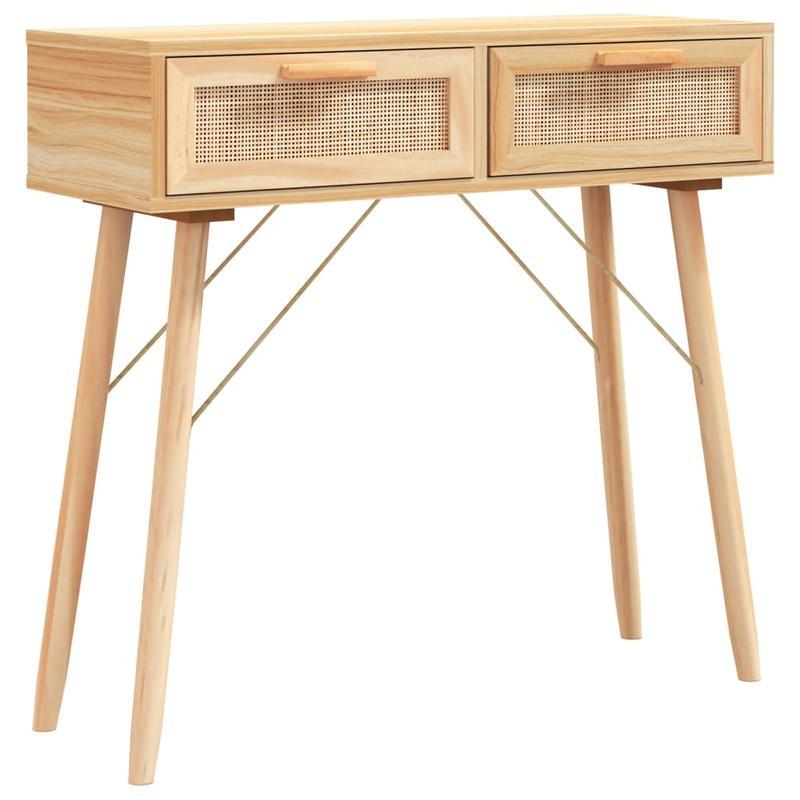 Consolentafel – Sidetable – Halmeubel – Wandtafel – Opbergmeubel – Massief Eikenhout & Natuurlijk Rotan – 2 Laden & Ruimtebesparend – 80x30x75 cm – Rustiek Modern