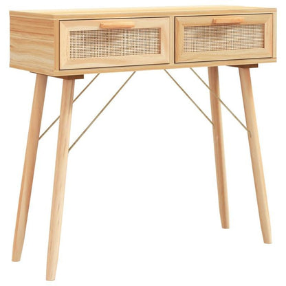Consolentafel – Sidetable – Halmeubel – Wandtafel – Opbergmeubel – Massief Eikenhout & Natuurlijk Rotan – 2 Laden & Ruimtebesparend – 80x30x75 cm – Rustiek Modern
