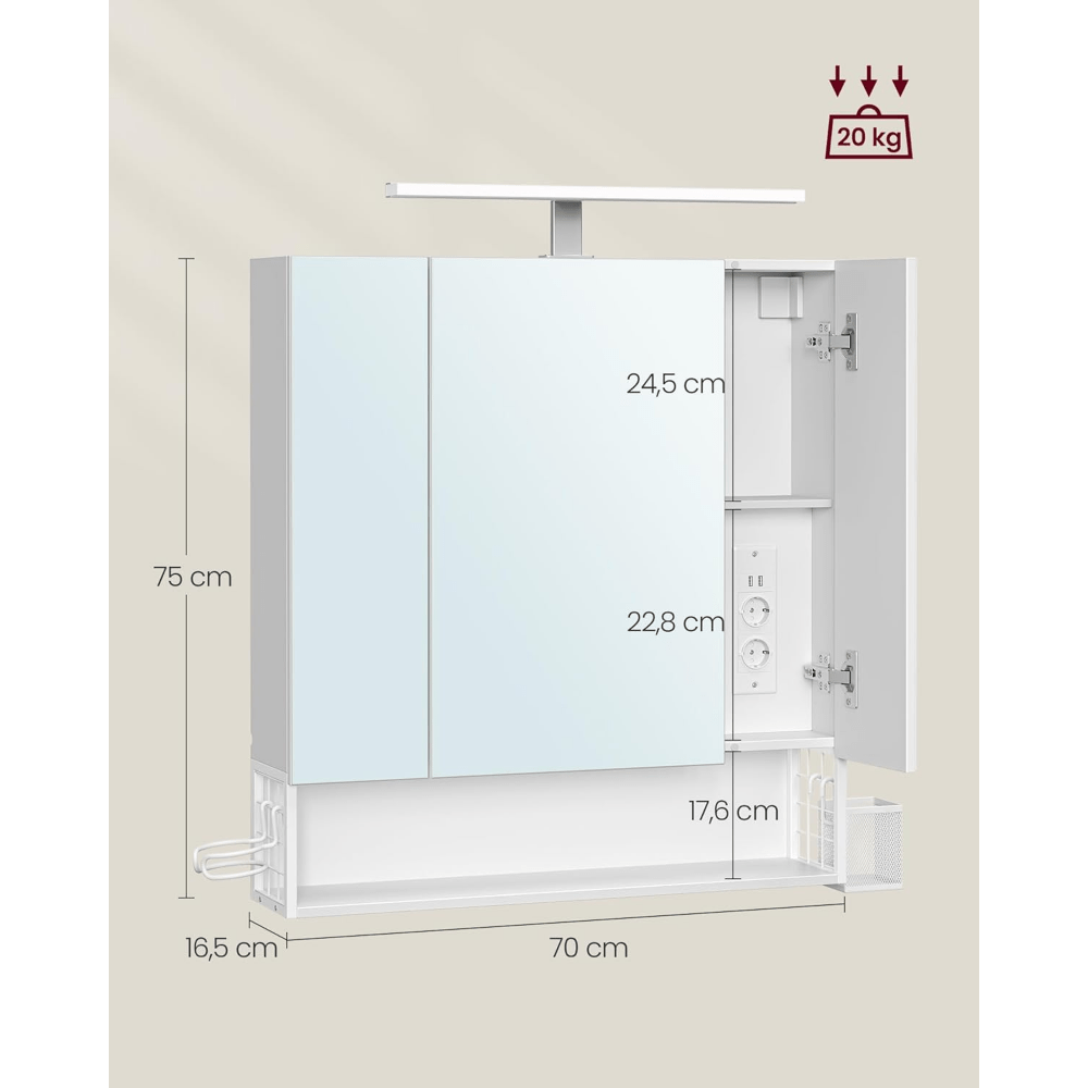 Badkamerkast – Wandkast – Spiegelkast – Opbergkast – Badkamermeubel – Wolk-wit – 3 Deuren – Met Stopcontacten en Haardrogerhouder – MDF Materiaal – Compact 70x75x16,5 cm