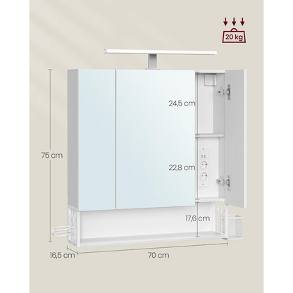 Badkamerkast – Wandkast – Spiegelkast – Opbergkast – Badkamermeubel – Wolk-wit – 3 Deuren – Met Stopcontacten en Haardrogerhouder – MDF Materiaal – Compact 70x75x16,5 cm