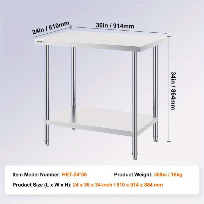 Werkbank – Werktafel – Keukentafel – Opbergsysteem – Werkplek – RVS Materiaal – 60,96x91,44 cm – Met Wielen – Duurzaam – Twee Niveaus
