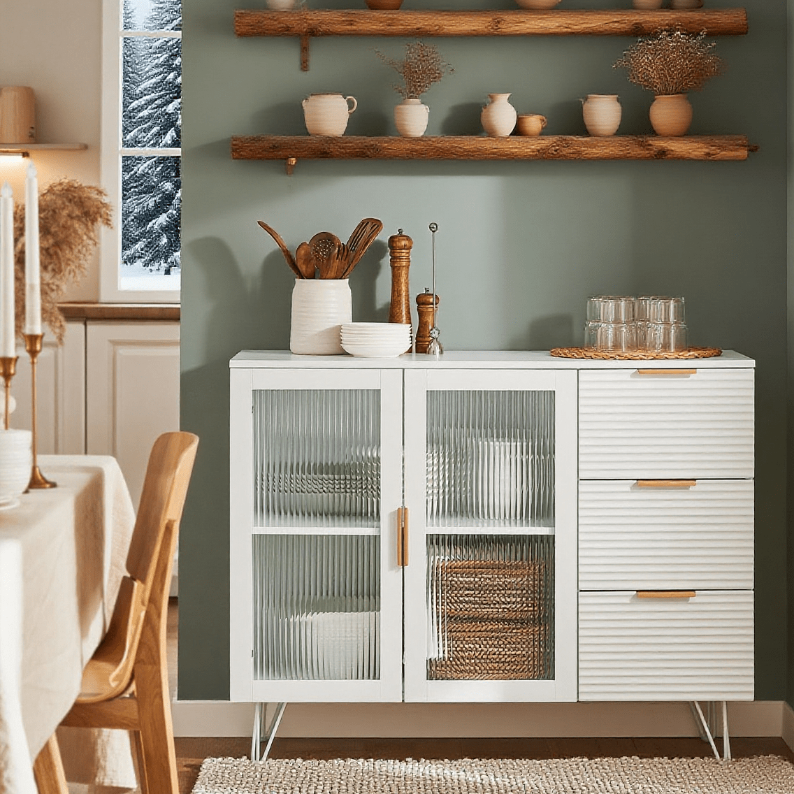 Keukenkastje – Keukenbuffet – Keukenmeubel – Opbergkast – Onderkast – 3 Laden – 2 Glazen Deuren – MDF Wit – Compact 108x85x40 cm