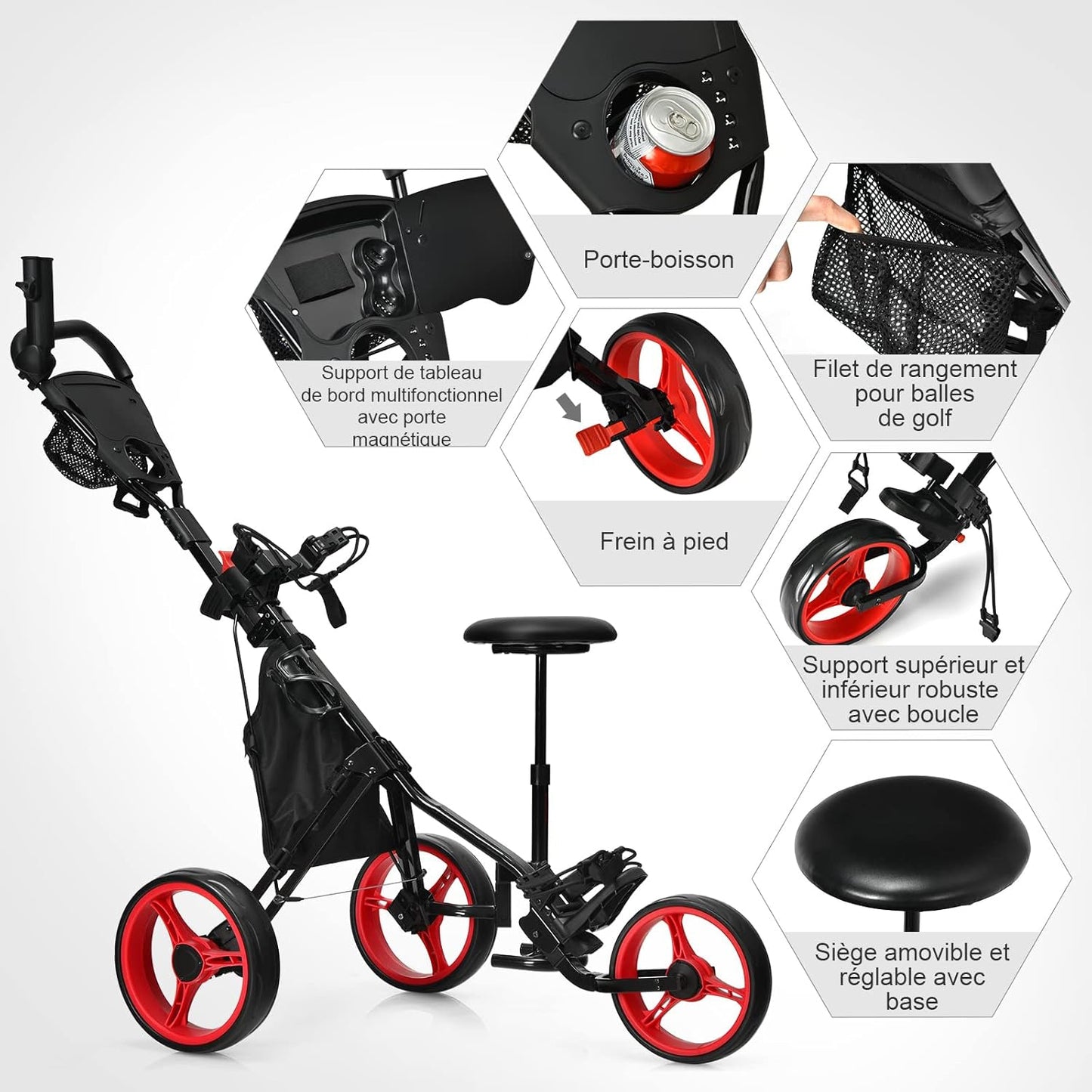 Golfkarretje – Golftrolley – Golfwagen – Golfcaddy – Golfpushcart – Inklapbaar en Lichtgewicht – Verstelbaar Zitje en Handvat