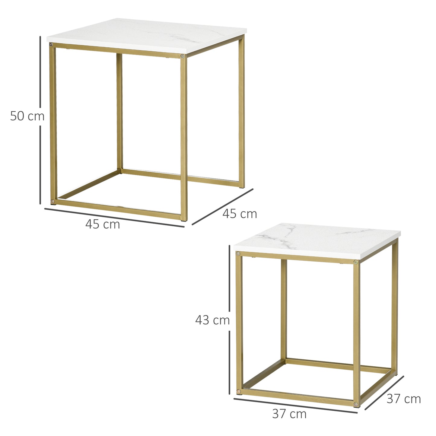Bijzettafels – Bijzettafel – Salontafel – Tafeltje – Stapelbare Tafels – Wit – Marmerlook Tafelblad – Goudkleurig Metalen Frame