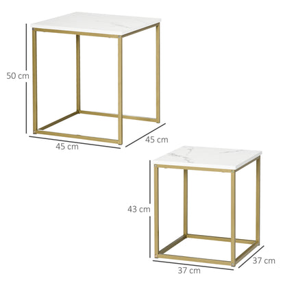 Bijzettafels – Bijzettafel – Salontafel – Tafeltje – Stapelbare Tafels – Wit – Marmerlook Tafelblad – Goudkleurig Metalen Frame