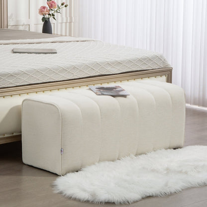 Modern Heavy-Duty Upholstered Bench with Footrest - Cream White Metal Frame & Soft Cushioned Seat, 220kg Weight Capacity, Space-Saving Design with Storage Underneath, Freestanding Bedside Bench for Bedroom, Living Room, Entry