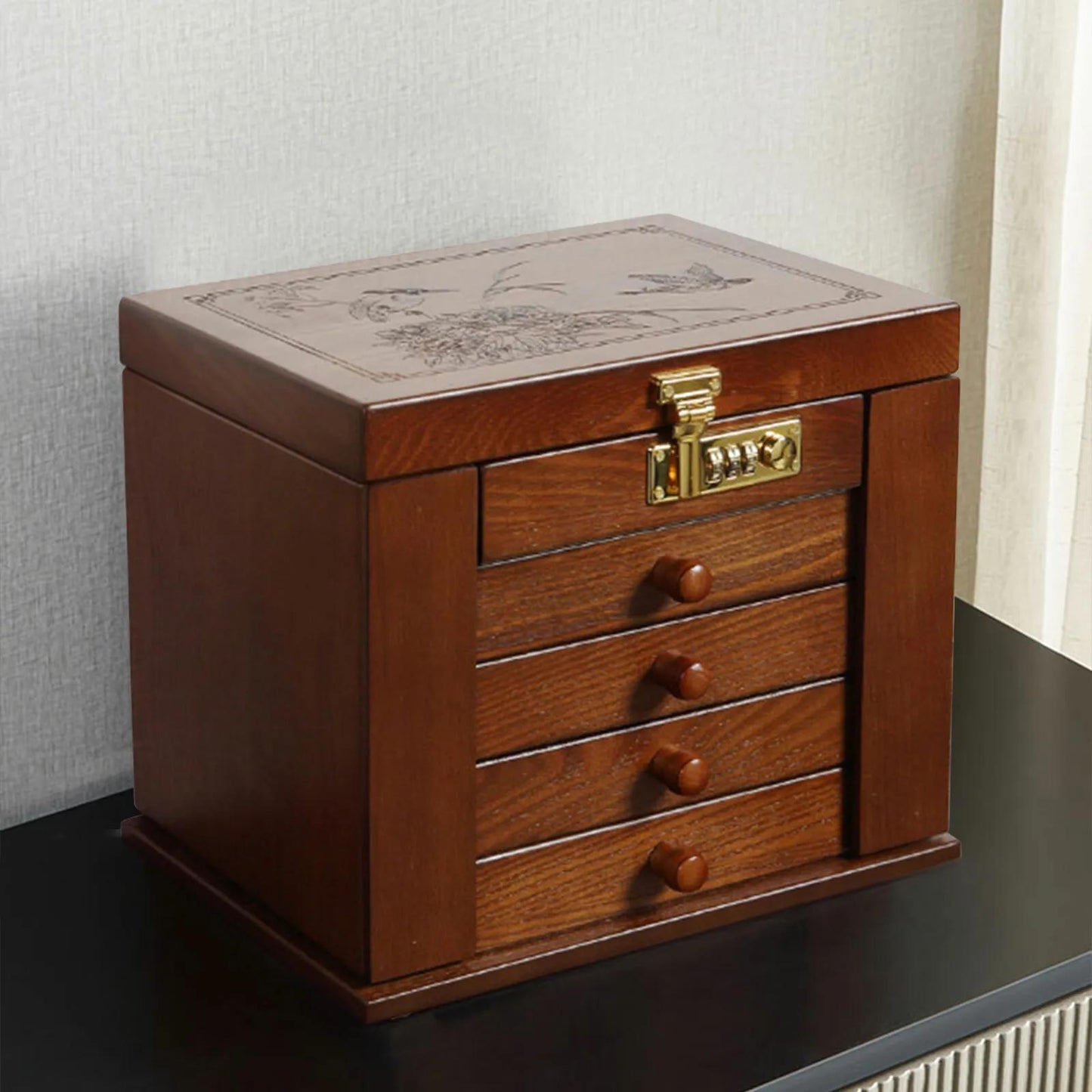 Goodslinesshop WooDerson 5-Tier Brown Wooden Jewelry Box with Password Lock & Carvings Design - 4-Drawer Large Capacity Jewelry Organizer with Mirror, Soft Lining & Golden-Toned Hardware, Elegant Desktop Storage for Earrings,