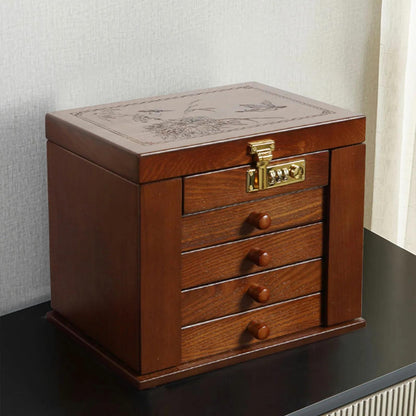 Goodslinesshop WooDerson 5-Tier Brown Wooden Jewelry Box with Password Lock & Carvings Design - 4-Drawer Large Capacity Jewelry Organizer with Mirror, Soft Lining & Golden-Toned Hardware, Elegant Desktop Storage for Earrings,